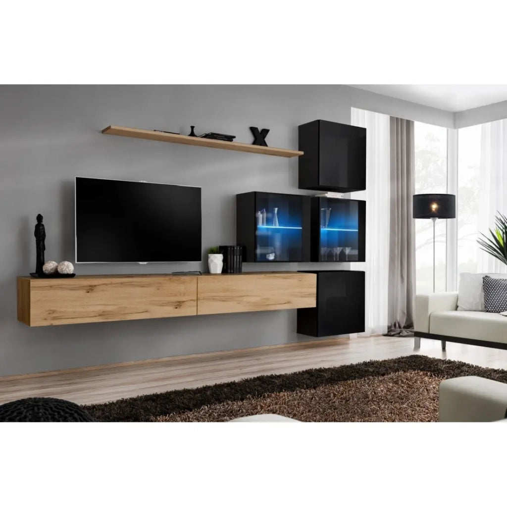 Set di mobili da soggiorno SWITCH XIX design, colori quercia Wotan e nero lucido.