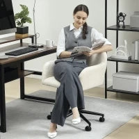 Sedia da Ufficio Girevole con Ruote, Sedia da Scrivania, Tessuto in Pile, Schiuma, Regolabile in Altezza, Home Office, Crema