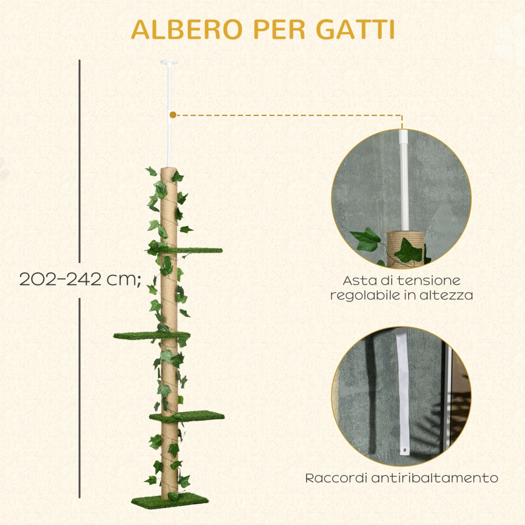 Albero Tiragraffi per Gatti a Soffitto Alto 202-242 cm Regolabile con Asta di Tensione, Verde