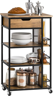 Carrello Cucina con Ruote, Mobiletto Cucina Salvaspazio con 1 Cassetto, 3 Ripiani e Ripiani Laterali, Credenza Cucina o Bagno, Mobiletto Cucina Dispensa Stile Vintage 50 x 37 x 87 cm FKW99-N