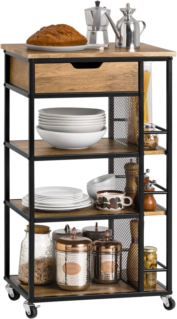 Carrello Cucina con Ruote, Mobiletto Cucina Salvaspazio con 1 Cassetto, 3 Ripiani e Ripiani Laterali, Credenza Cucina o Bagno, Mobiletto Cucina Dispensa Stile Vintage 50 x 37 x 87 cm FKW99-N