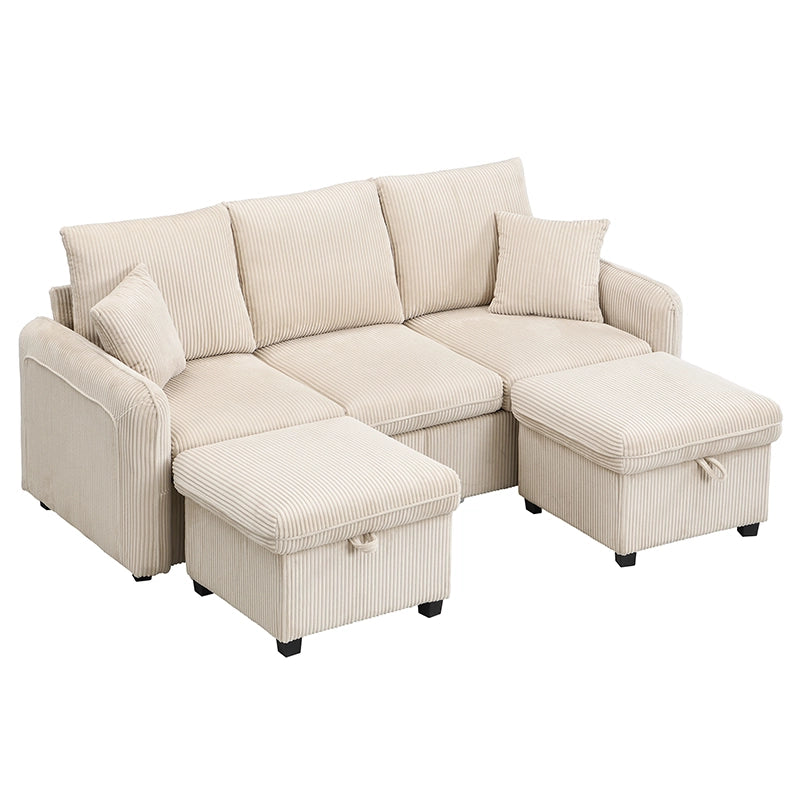 Divano angolare multifunzionale - Zephmum- U-Forma, tre posti, tessuto cord, con cassetti e pouf