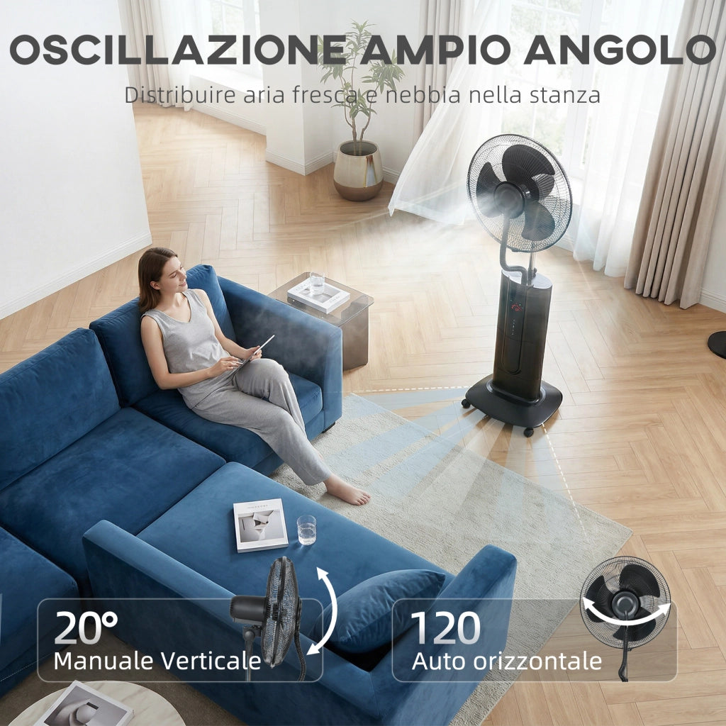 Ventilatore a Piantana 3 in 1 Oscillante 45x38x130 cm con Nebulizzatore d'Acqua Telecomando e Timer 9h Nero