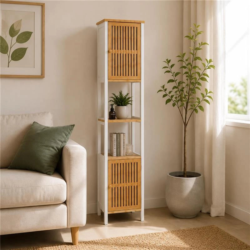 MOBILE DA BAGNO IN LEGNO CON 2 ANTE E RIPIANO IN BAMBOO COLORE BIANCO DIMENSIONI 32X30X173 CM