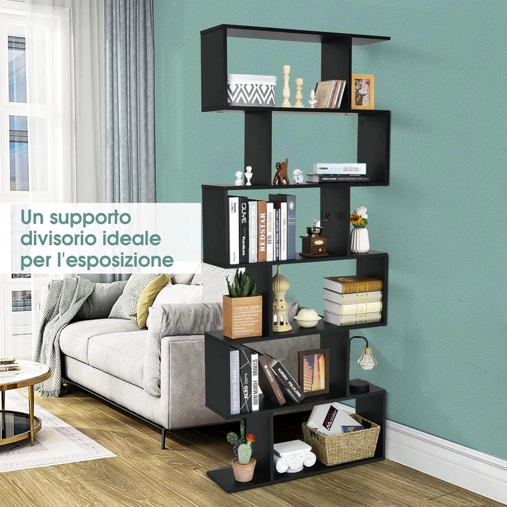 Libreria in Legno Scaffale Multifunzionale a 6 Ripiani per Piante e Libri per Ufficio Casa Ripiano a Forma di S, 80 x 23 x 192 cm (Nero)