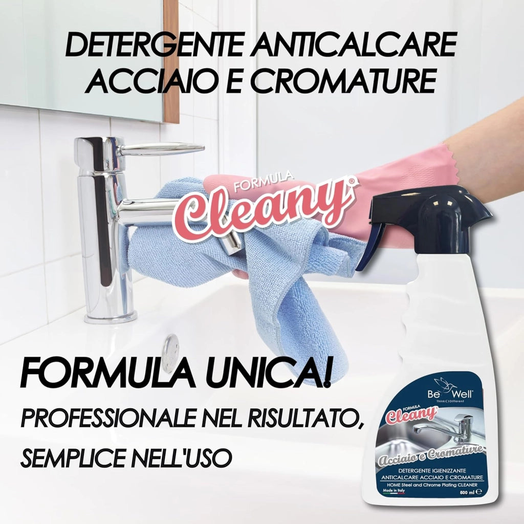 CLEANY Igienizzante Anticalcare Super Sgrassante per Acciaio e Cromature – Detergente Professionale Spray da 500 ml – Elimina Grasso e Incrostazioni, Brillantezza Immediata – Made in Italy