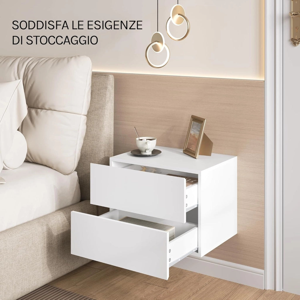 Set di 2 Comodini Sospesi con Cassetto, Comodini Galleggianti, 40x30x30 cm, Mobili per Camera da Letto in Legno, Salvaspazio, Moderno, Bianco