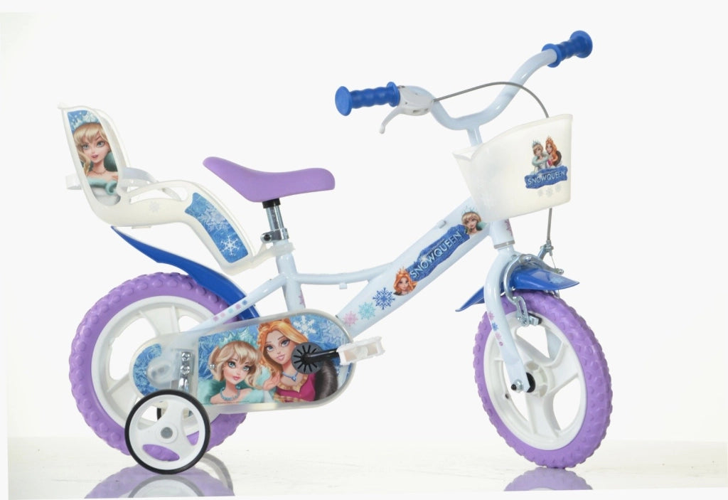 SCH SNOW QUEEN 12", bicicletta per bambini, adatta tra i 3 e i 5 anni, per altezza tra 85 e 105 cm, con cestino e portab