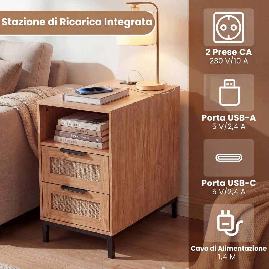 Tavolino con Stazione di Ricarica, Comodino in Rattan con 2 Cassetti, Ripiano Aperto e Gambe in Metallo, Tavolino per Camera da Letto, Soggiorno e Ingresso (Naturale)