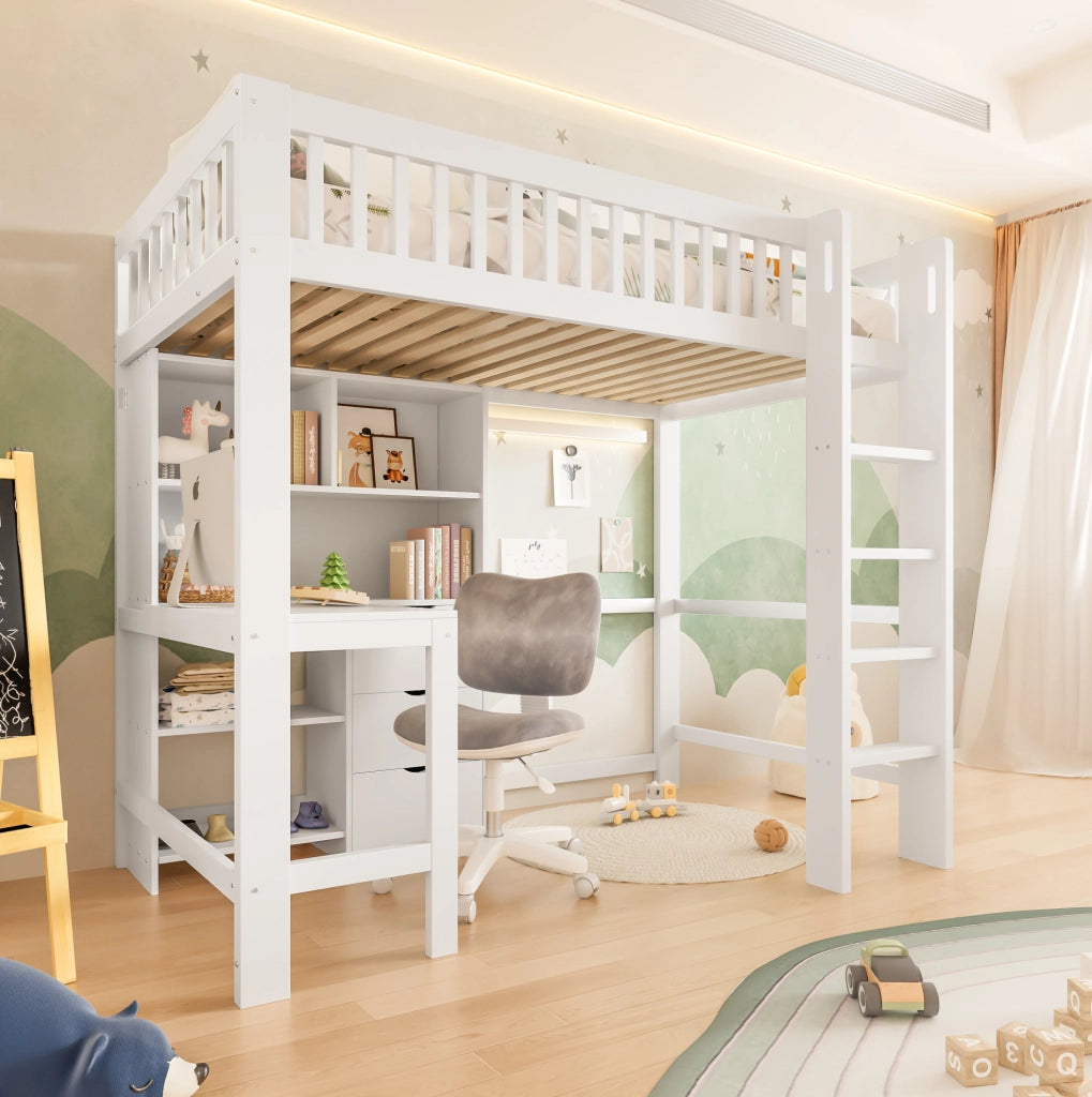 Letto a soppalco bianco 90x200 cm con scrivania e cassetti