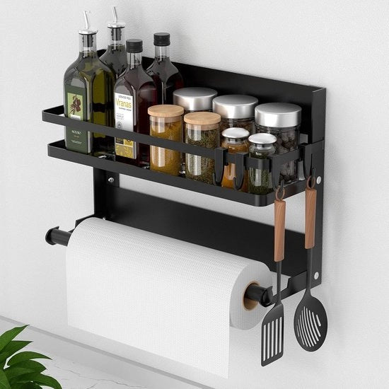 Kruidenrek per muro - mobile per cucina senza perforazione - 1 pezzo - nero - acciaio inossidabile