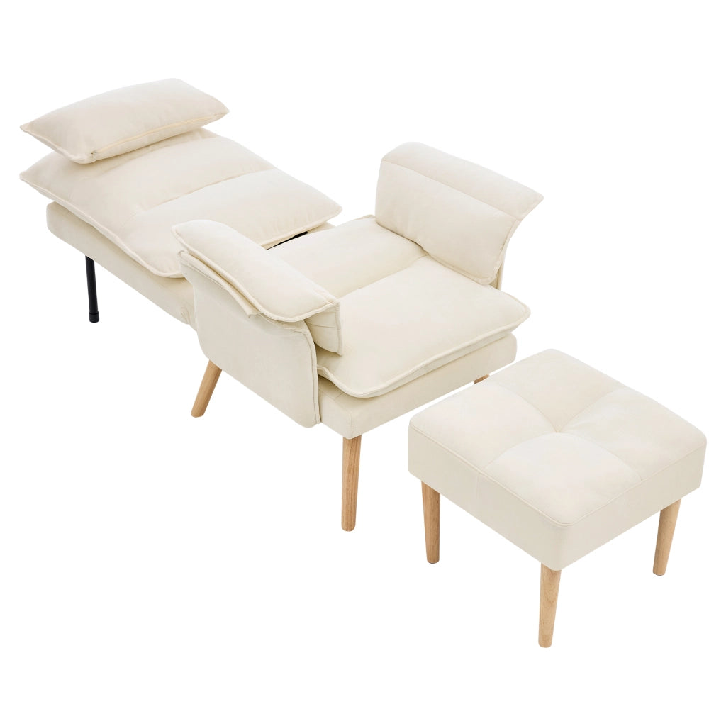 Sedia relax con pouf, schienale reclinabile a 5 posizioni, poltrona imbottita in lino beige