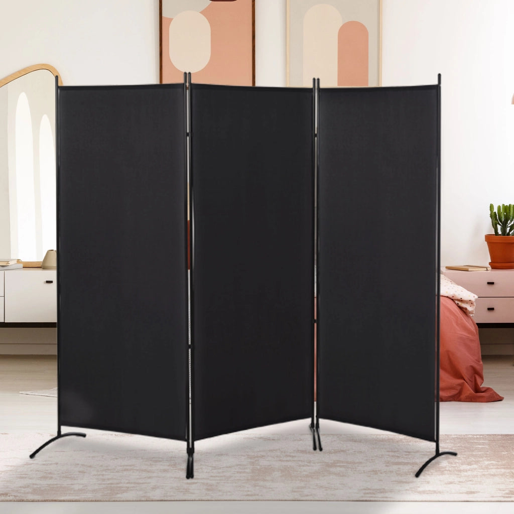 Paravento Separ¨¦ da Interno a 3 Pannelli Pieghevole in Metallo e Poliestere. 253x50x182 cm. Nero