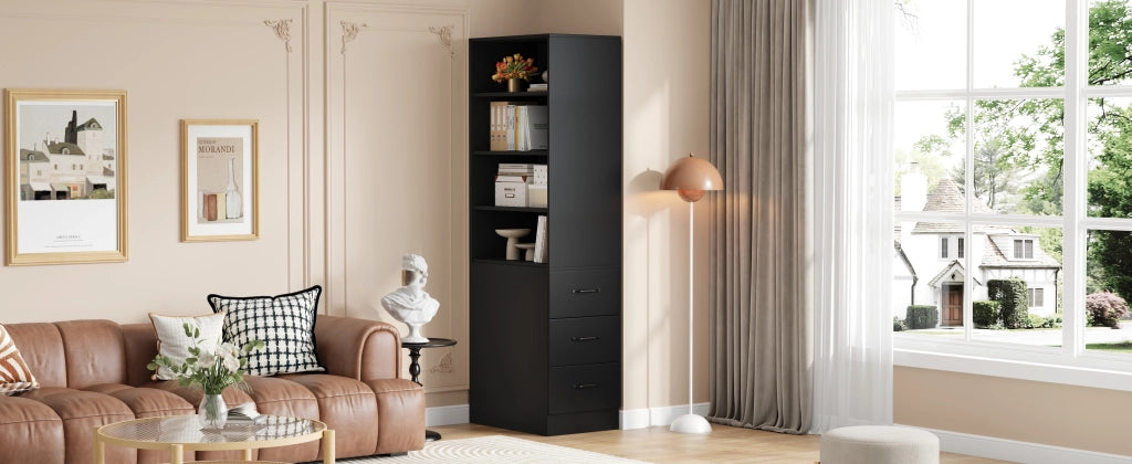 Libreria alta con 3 cassetti laterali e 4 vani aperti con ripiani regolabili per piccoli spazi nera 60 × 38 × 180 cm