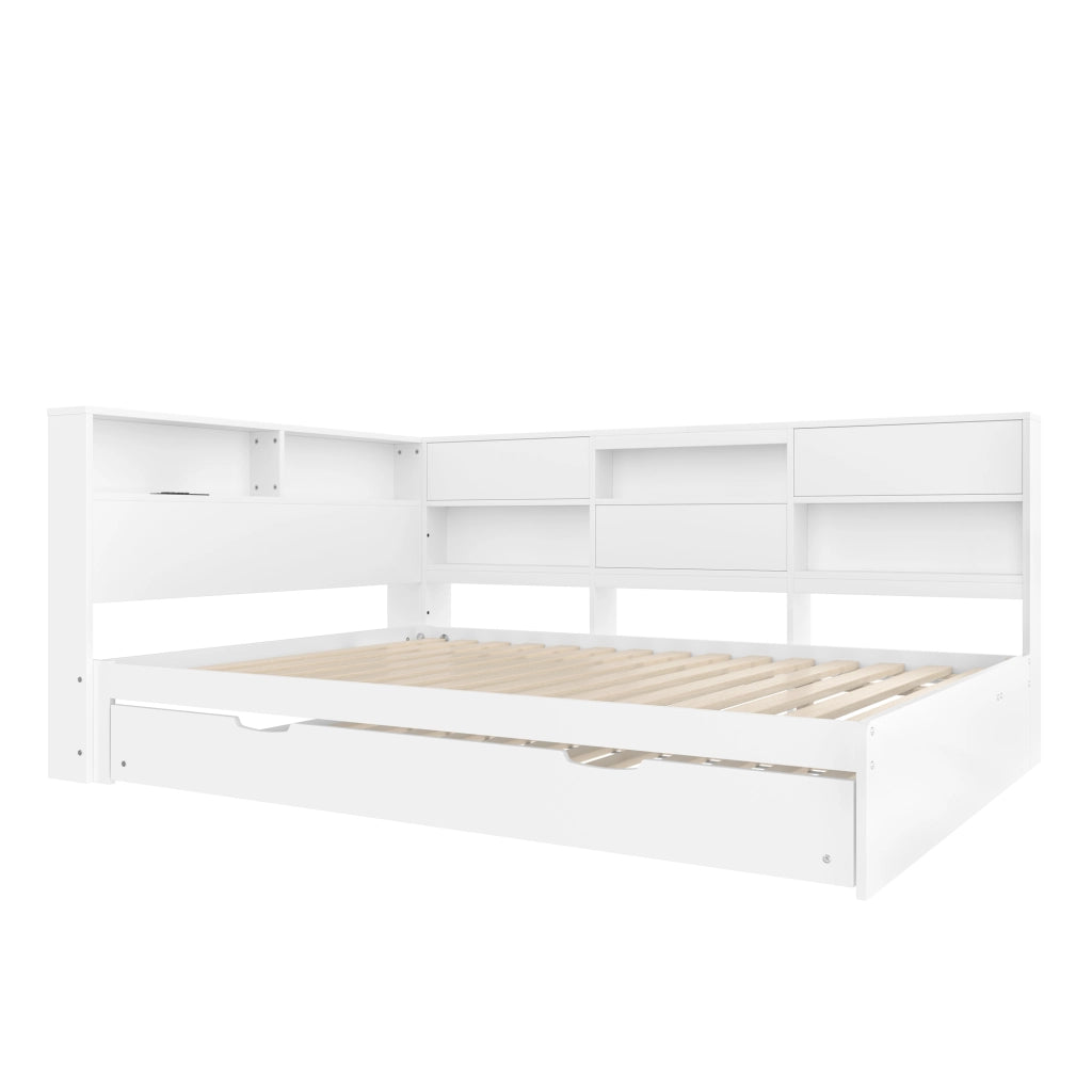 Letto estraibile 140x200 cm bianco con testiera contenitore e USB-C