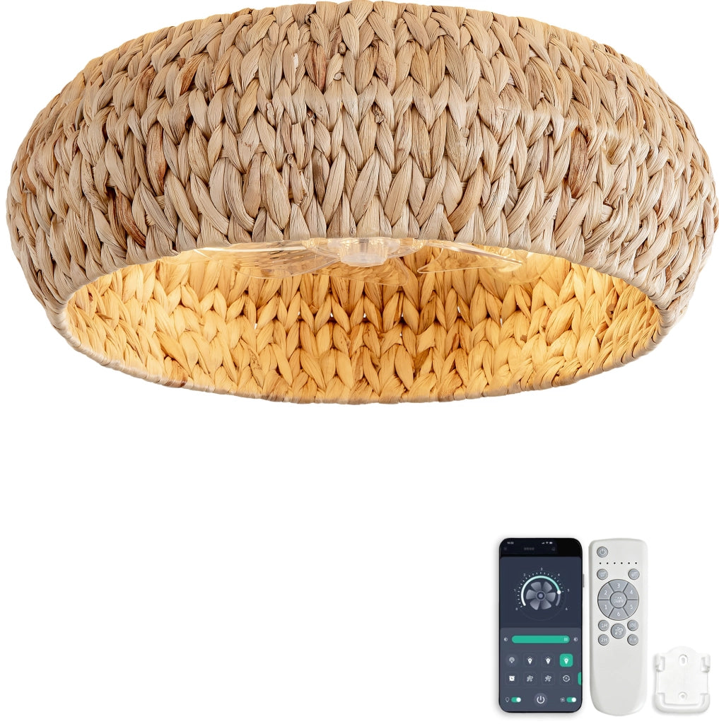 Ventilatore da soffitto 53 cm con luce, in rattan e plastica color rame