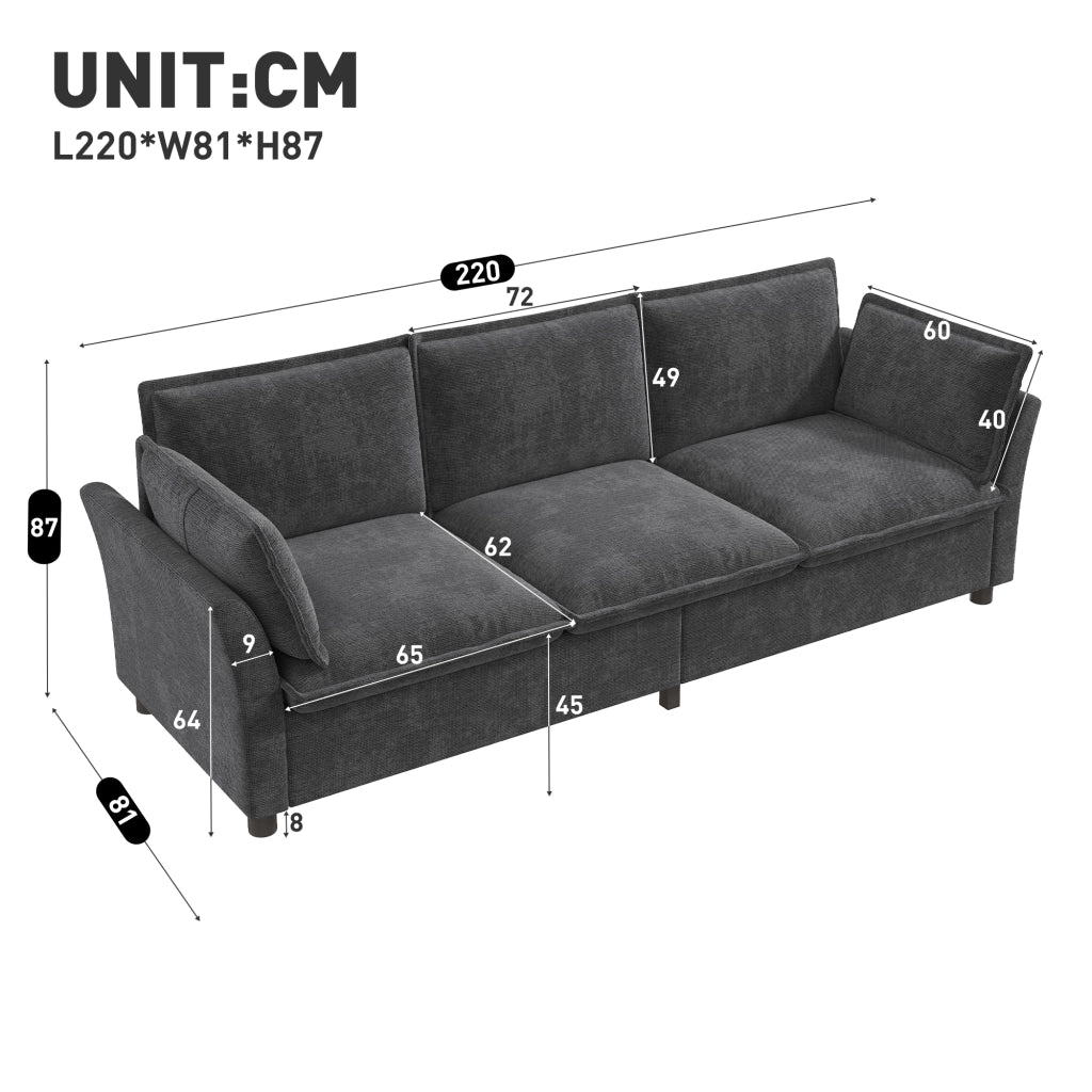 Divano a 3 posti in chenille con cuscini per braccioli e struttura in metallo grigio 220 × 81 × 87 cm