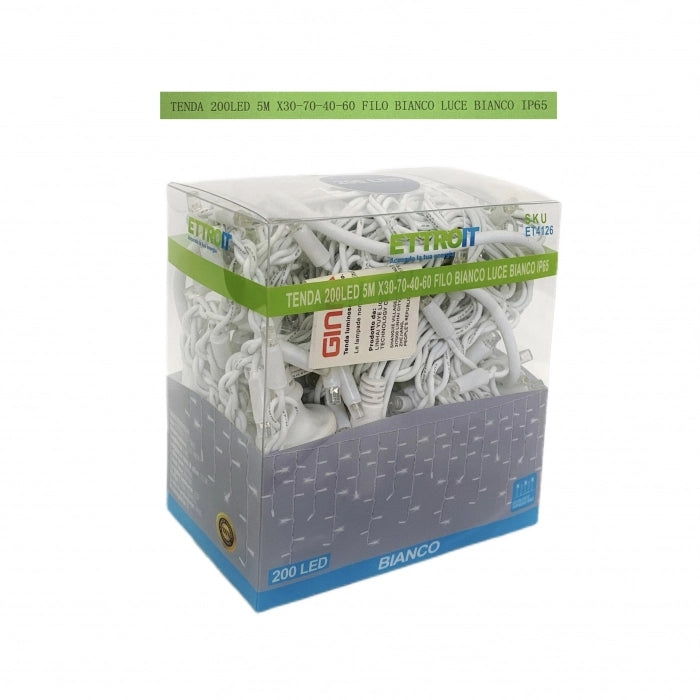Luci Natalizia Tenda a Balcone 200 LED 5 Metri X30-70-40-60 Filo Bianco Luce Bianco Esterna IP65 ET4126