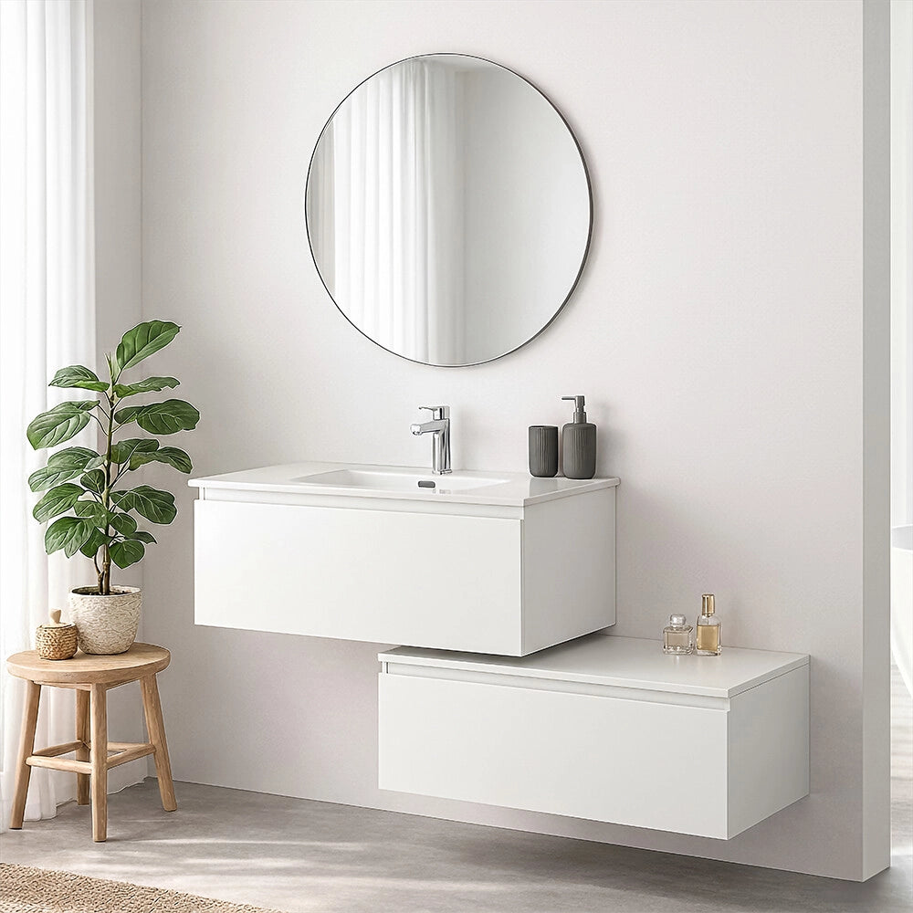 Mobile bagno sospeso 90 cm bianco con lavabo integrato e cassetto Nuvola