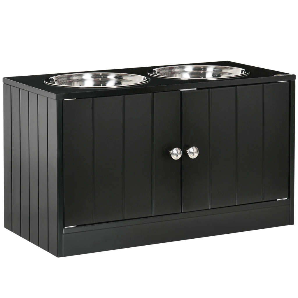 Scaffale per cani rialzato con 2 ciotole in acciaio inox e vano da 44 l con ante magnetiche in legno nero per grandi cani