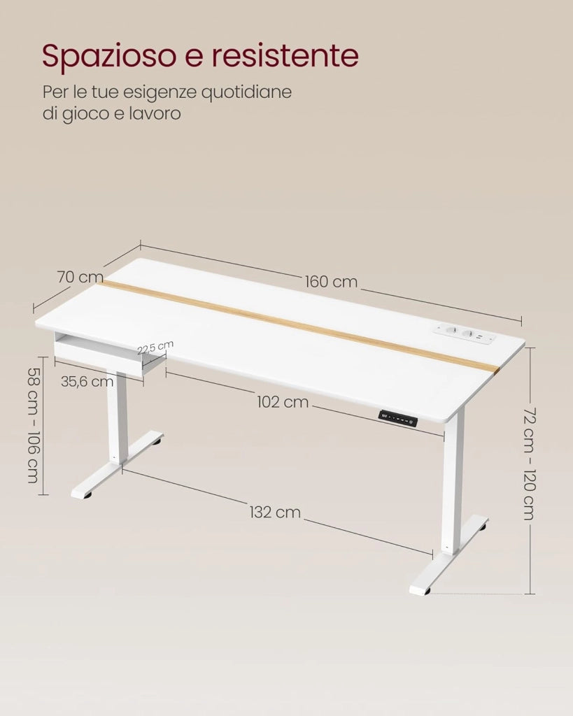 VASAGLE Scrivania Elettrica Regolabile in Altezza, Piano del Tavolo 70 x 160 cm, Regolabile in Continuo, Funzione di Memoria con 4 Altezze, Bianco Nuvola e Rovere Natura LSD116W01