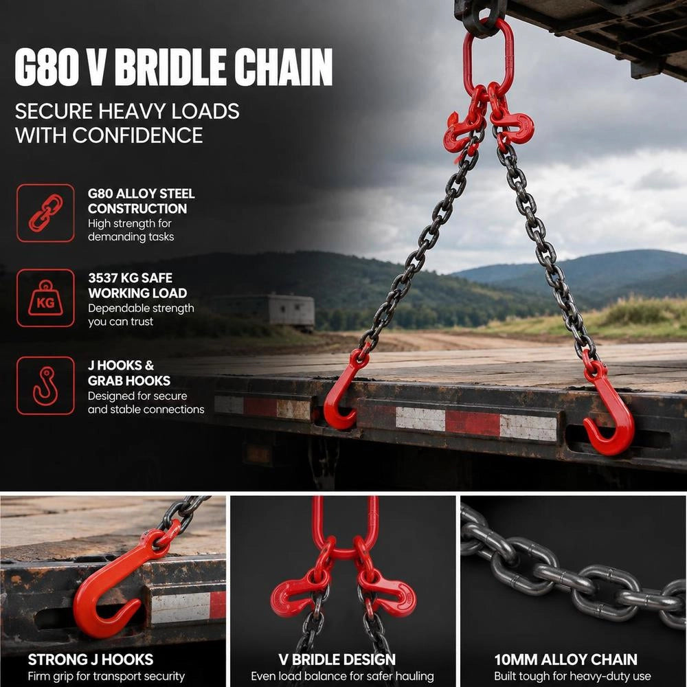 G80 V-Harness Chain, 3/8 Inch X 3 Foot Tow Chain With 15 Inch J-Hook And Grab Hook, Heavy-duty Hauling Tow Chain With 7800 Lbs Safe Working Load For Flatbed Trailer Recovery