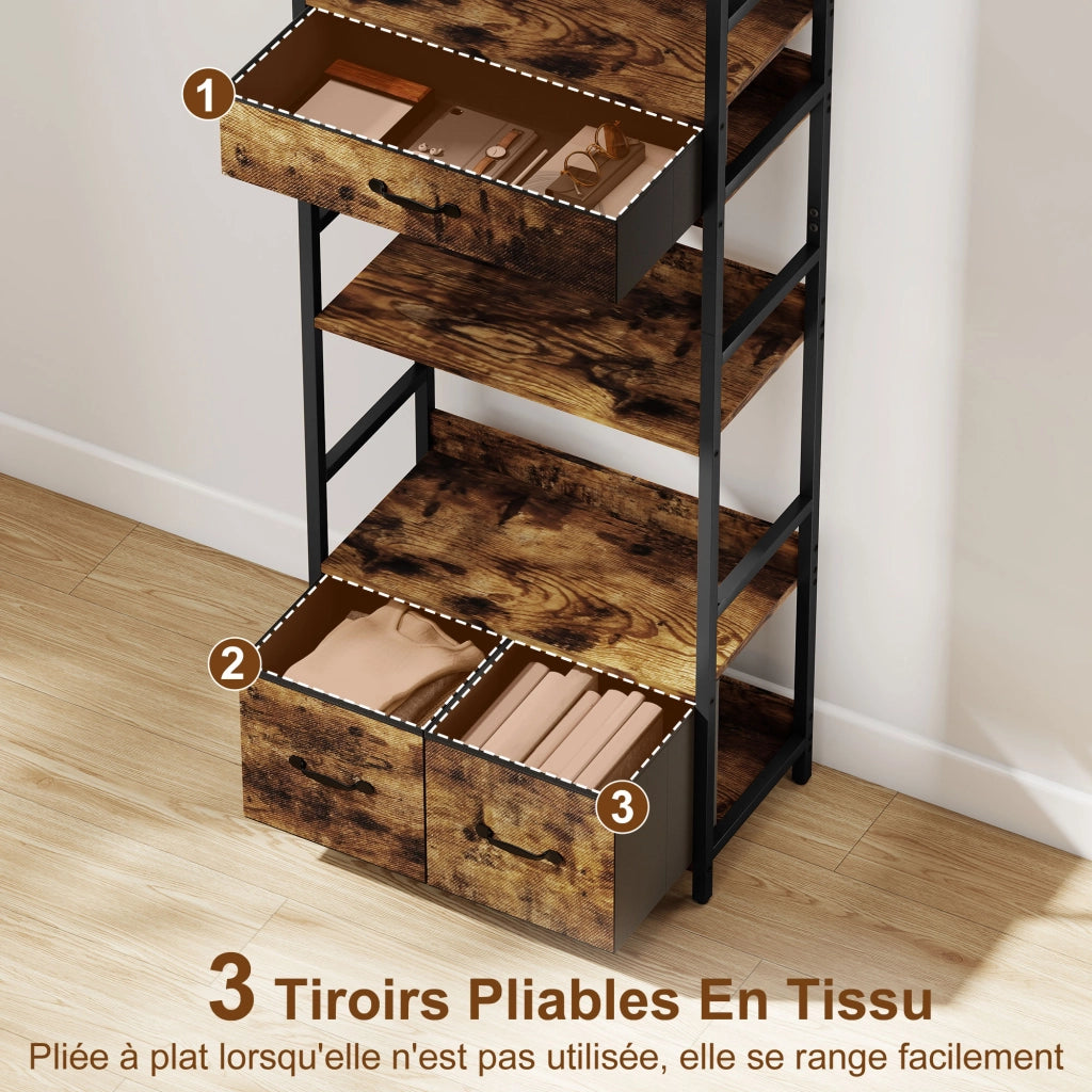 Libreria 6 Livelli con Cassetti Tessuto ¨C Zephmum ¨C 60x30x176cm Marrone Rovere