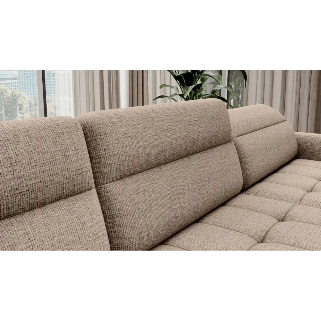 Divano angolare convertibile BERTHO 306 cm beige chiaro effetto melange – Angolo destro con contenitore