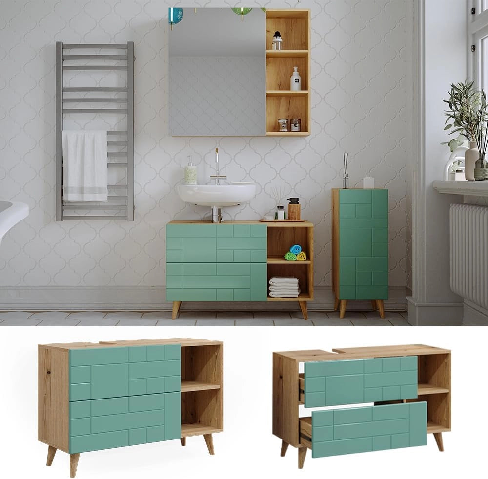 Mobile sottolavabo per bagno Rudi, Verde menta, 90 x 59 cm con 2 cassetti, con meccanismo push-to-open e struttura combinabile