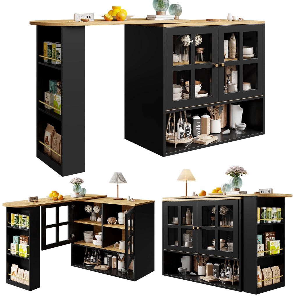Mobile Bar con 2 Ante in Vetro; 3 Ripiani Laterali; 3 Ripiani Regolabili; Girevole a 360°; in MDF; 138-204 x 39 x 102;5 cm; Nero
