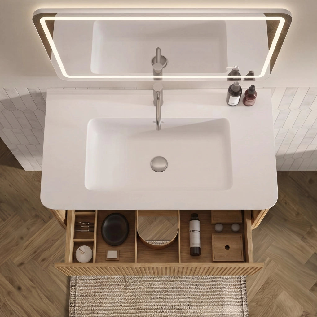 Set mobili bagno sospesi rovere MDF con lavabo; specchio LED e colonna