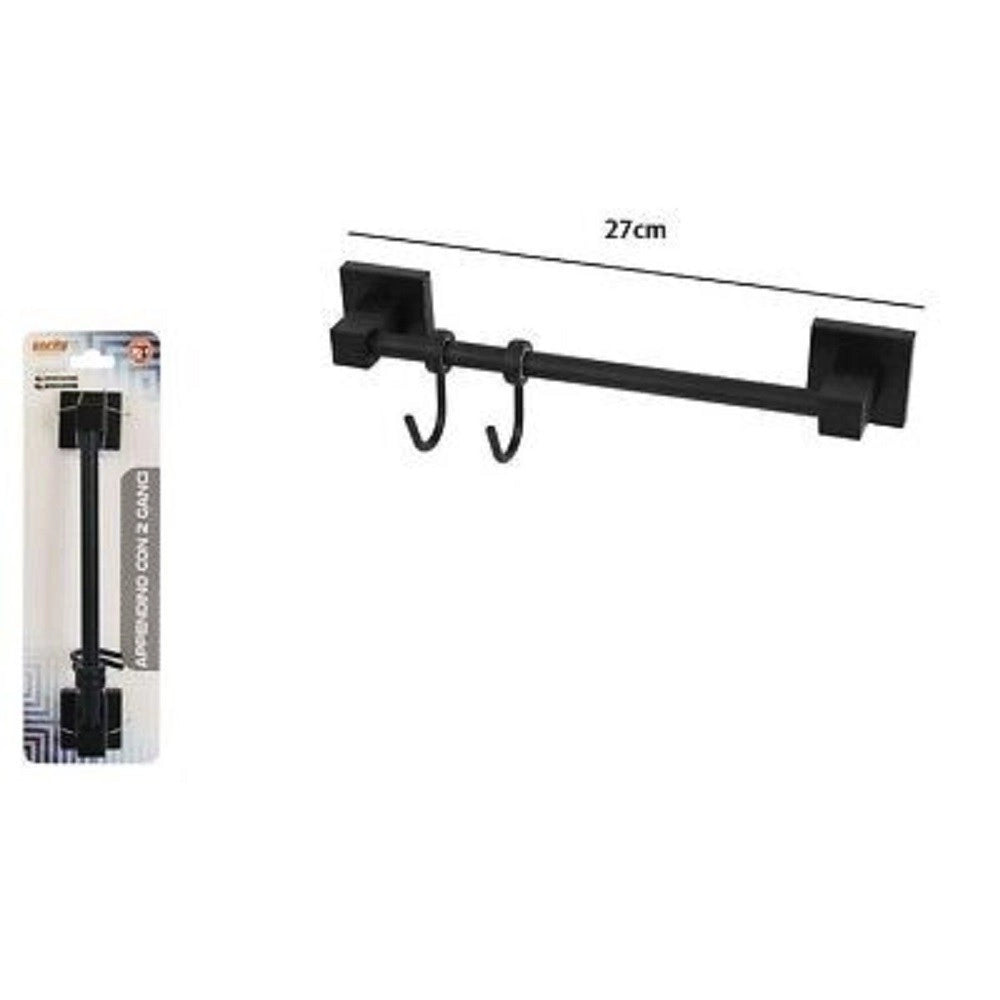 Trade Shop - Porta Asciugamani Maniglia Con 2 Ganci Moderno Fissaggio A Parete Bagno Nero 79992 -