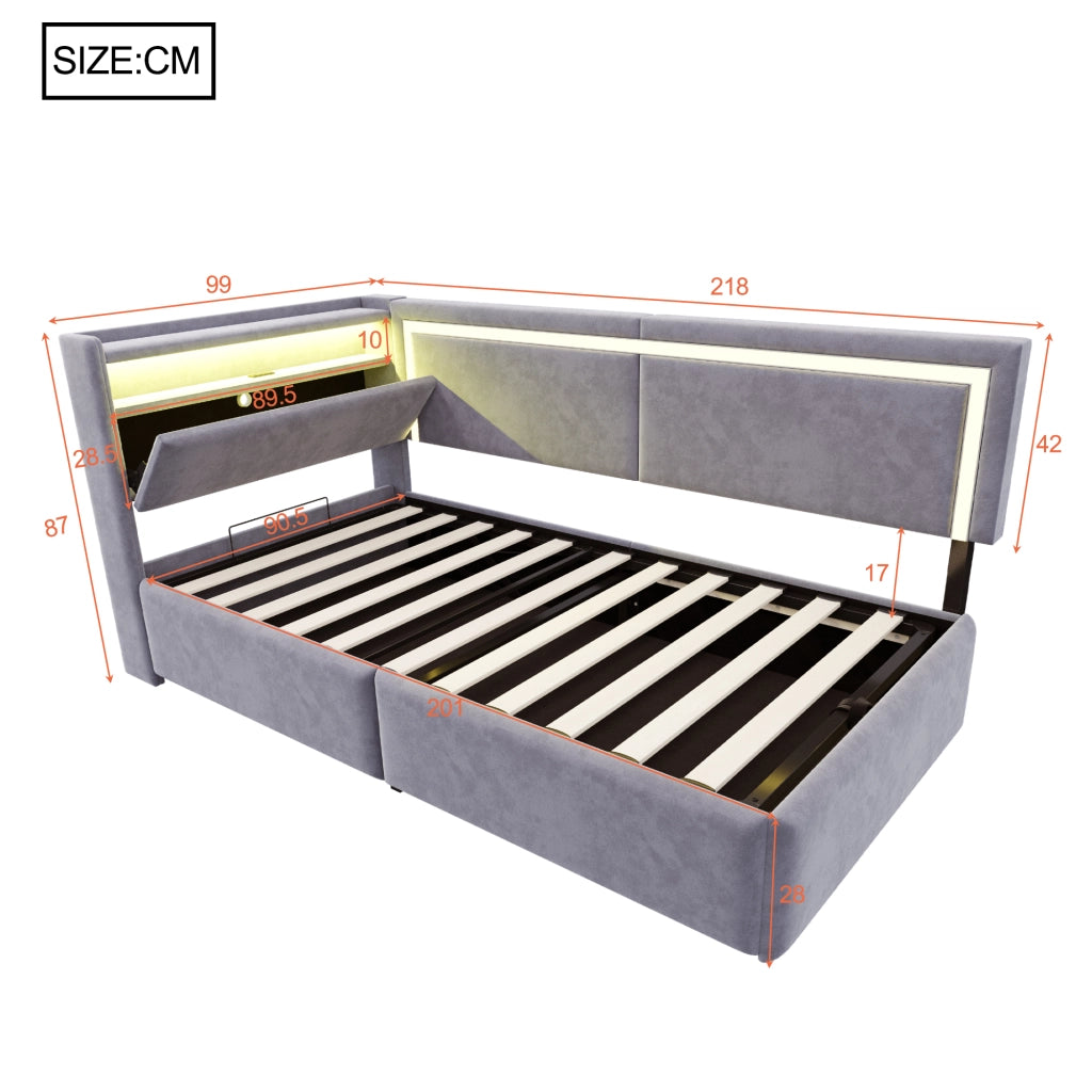 Divano letto imbottito con contenitore sotto il letto, LED e porte USB in velluto grigio chiaro 90 × 200 cm