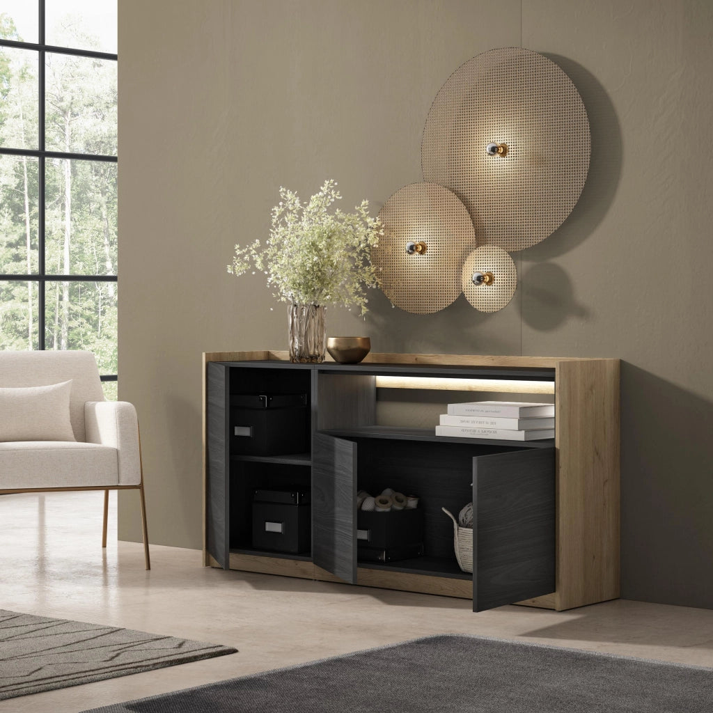 Credenza, Mobile, Cucina, 156x80x37 cm, 3 Porte, LED, Nero e rovere