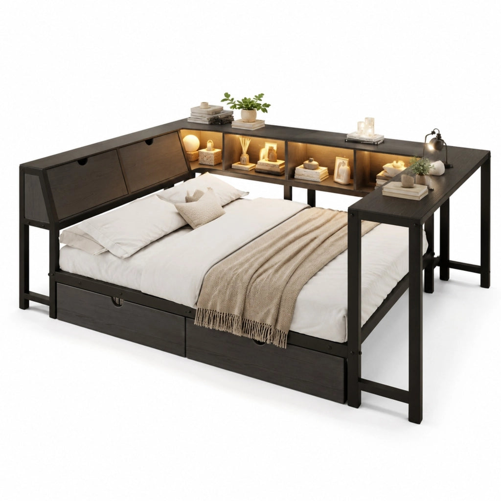 Letto multifunzione 140x200 cm in metallo e MDF con scrivania; LED e cassetti
