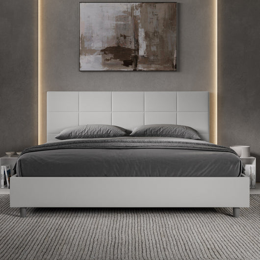 Letto Matrimoniale King Size 200x210 cm con Rete e Contenitore Imbottito in Similpelle Mika Bianco