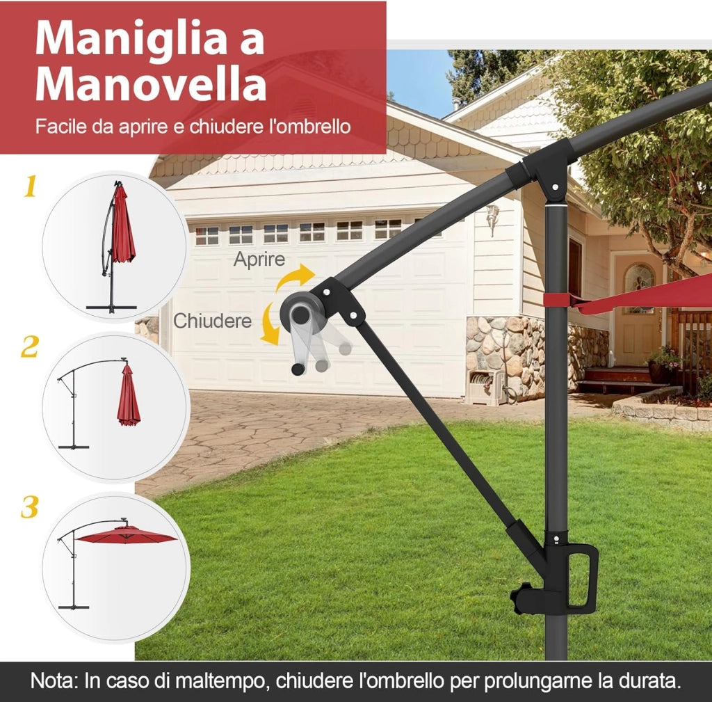 Ombrellone da Giardino ∅300 cm con 32 Luci LED, Ombrellone Prendisole con Rotazione di 360°, Inclinazione Regolabile, 8 Stecche, Manovella, per Giardino Piscina Cortile (Borgogna)
