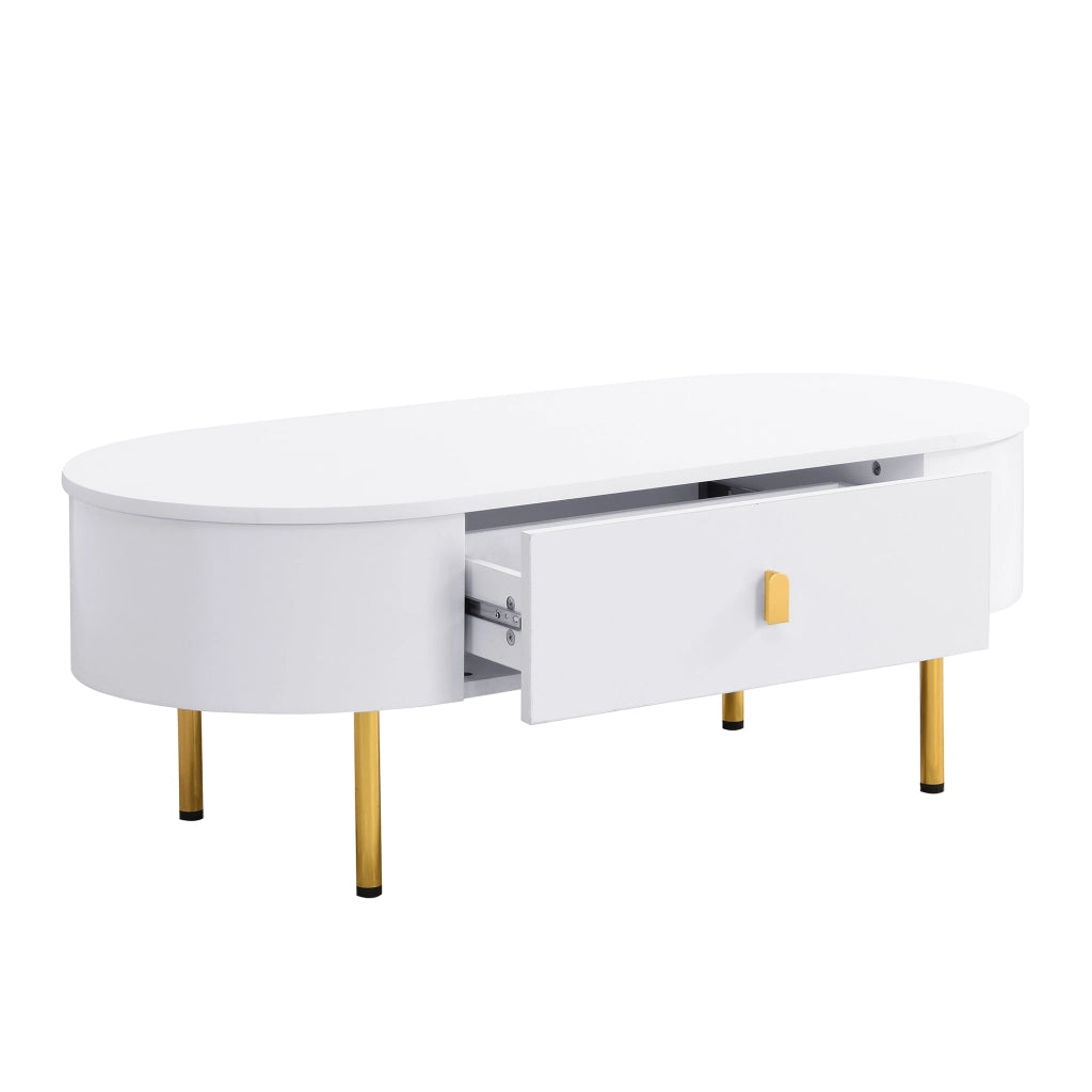 Tavolino da salotto moderno con 2 cassetti, finiture bianche e dettagli oro, 108 cm
