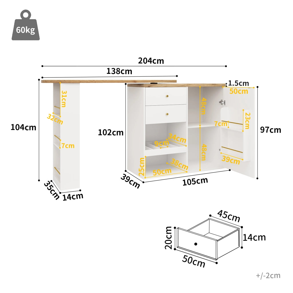 Mobile contenitore con 4 Cassetti e 3 Ripiani Aperti Girevoli; per Soggiorno Studio Sala da Pranzo; in MDF; Bianco