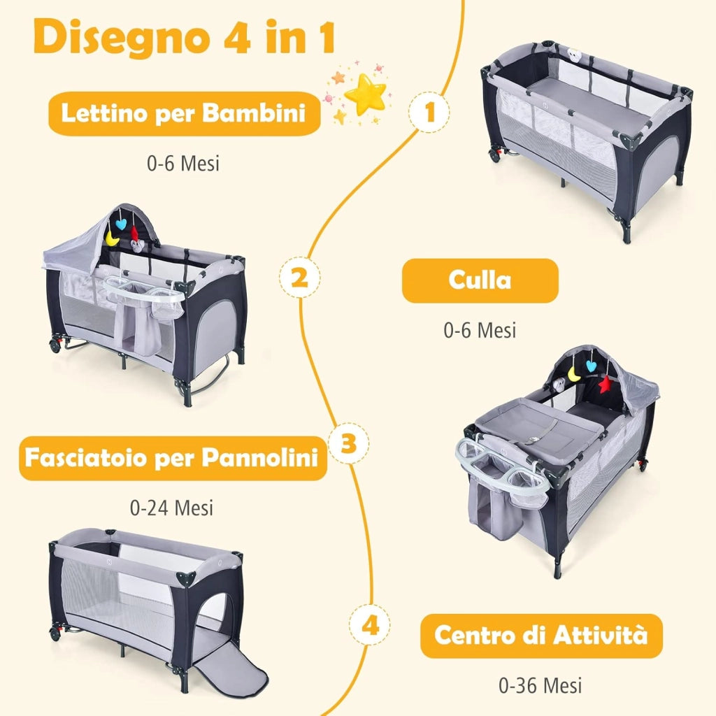 Lettino Campeggio per Bambini, Lettino da Viaggio Pieghevole con Fasciatoio, Culla Lettino per Neonati, con Giocattoli, Zanzariera, Box Portatile con Borsa, per Bambini 0-36 Mesi (Grigio)