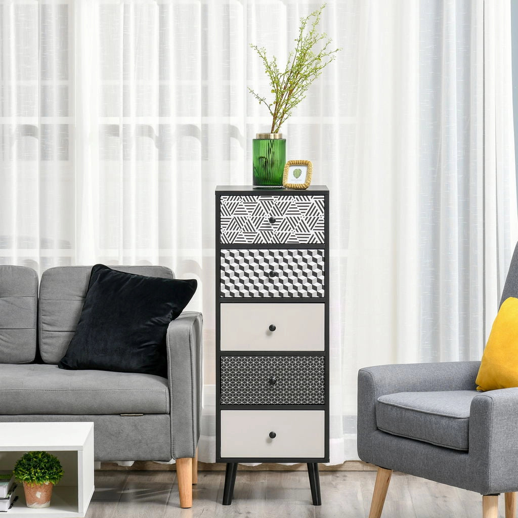 MOBILE CASSETTIERA 5 CASSETTI FANTASIA GEOMETRICA 40X40X111.5 CM NERO E GRIGIO