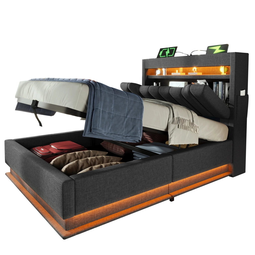 Letto singolo imbottito 90x200 cm con testiera contenitore, LED, prese USB e Type-C, struttura salvaspazio, grigio, senza materasso