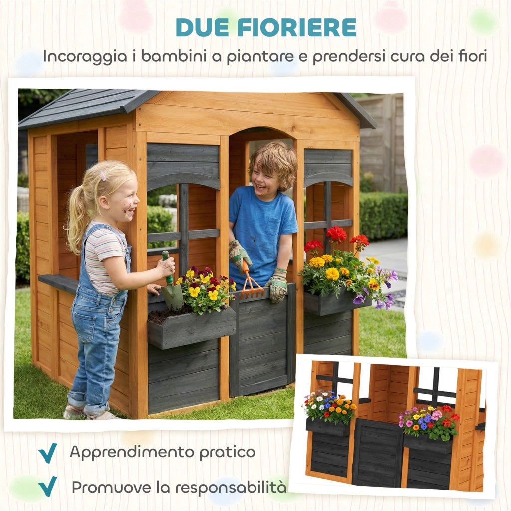 Casetta in Legno Bambini con Vasi Fiori, per Gioco Esterno/Interno, Et¨¤ 3¨C8, Marrone