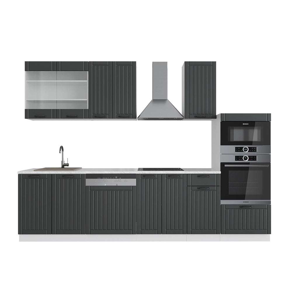Cucina componibile Fame-Line Antracite rustico/Bianco 300 cm con armadio alto, PL Marmo Vicco