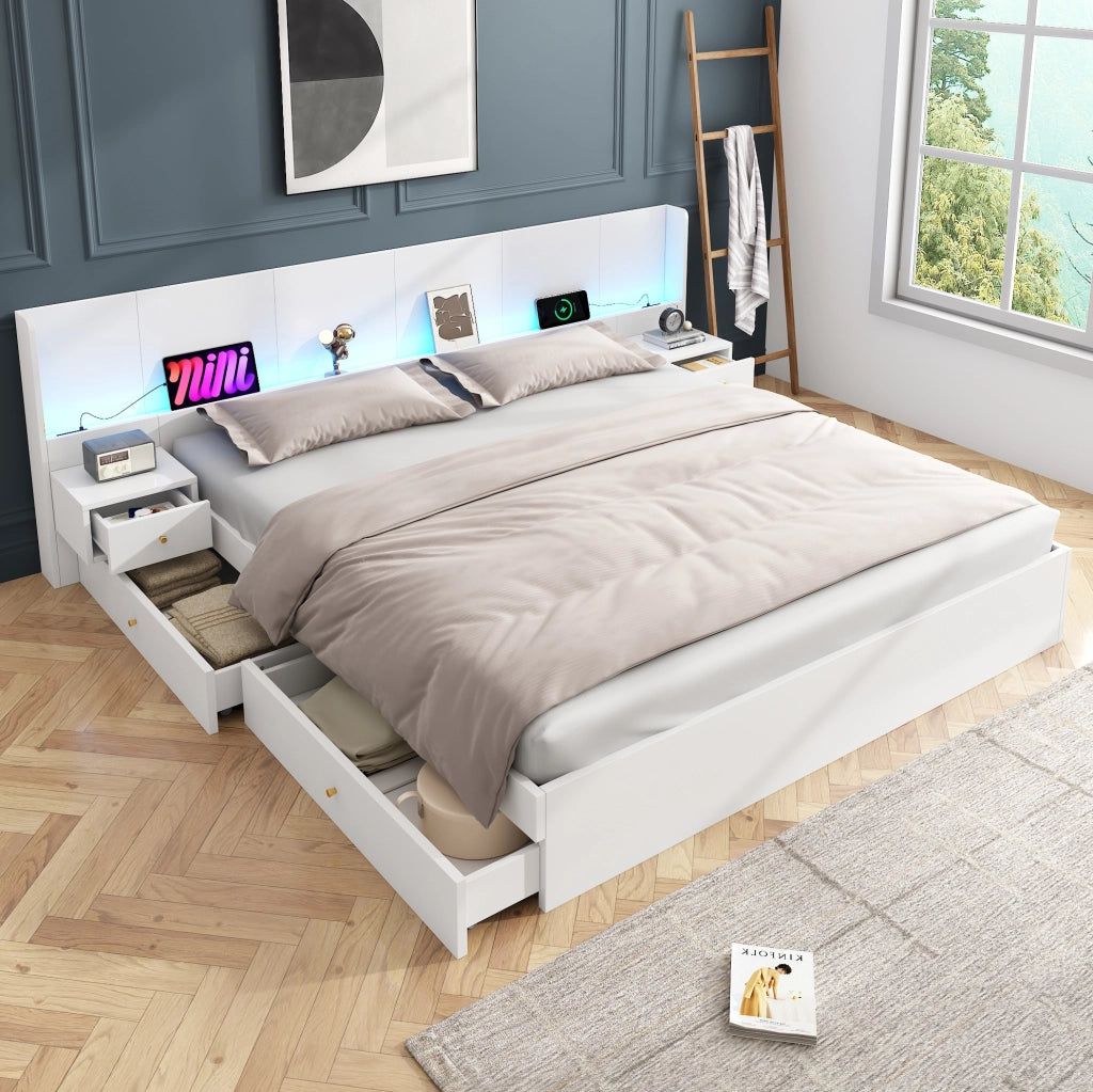 Letto matrimoniale 180x200 in MDF bianco con USB， LED e vani， senza materasso
