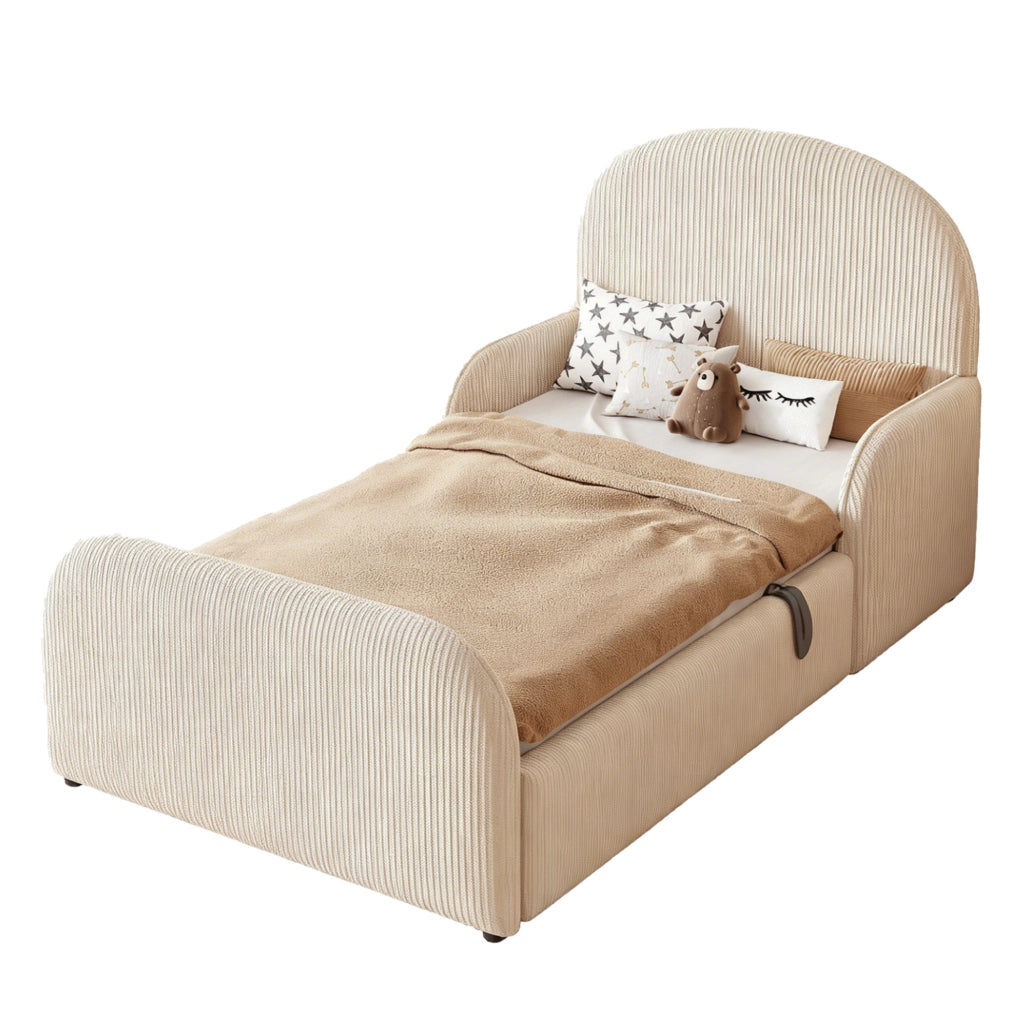 Letto per bambini imbottito 90x200 cm con contenitore idraulico e sponde di sicurezza