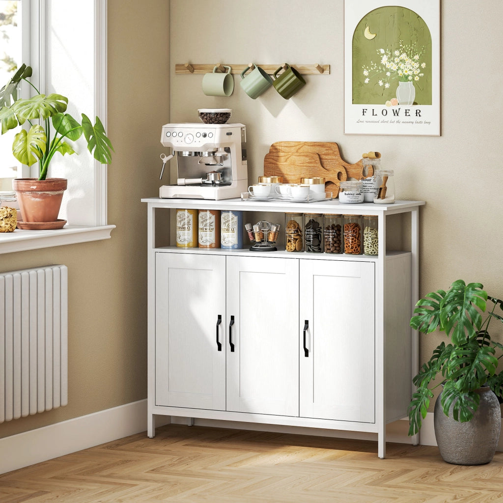 Credenza da Cucina con Ripiano Aperto e 2 Armadietti. in Legno e Acciaio. 100x35x88 cm. Bianco