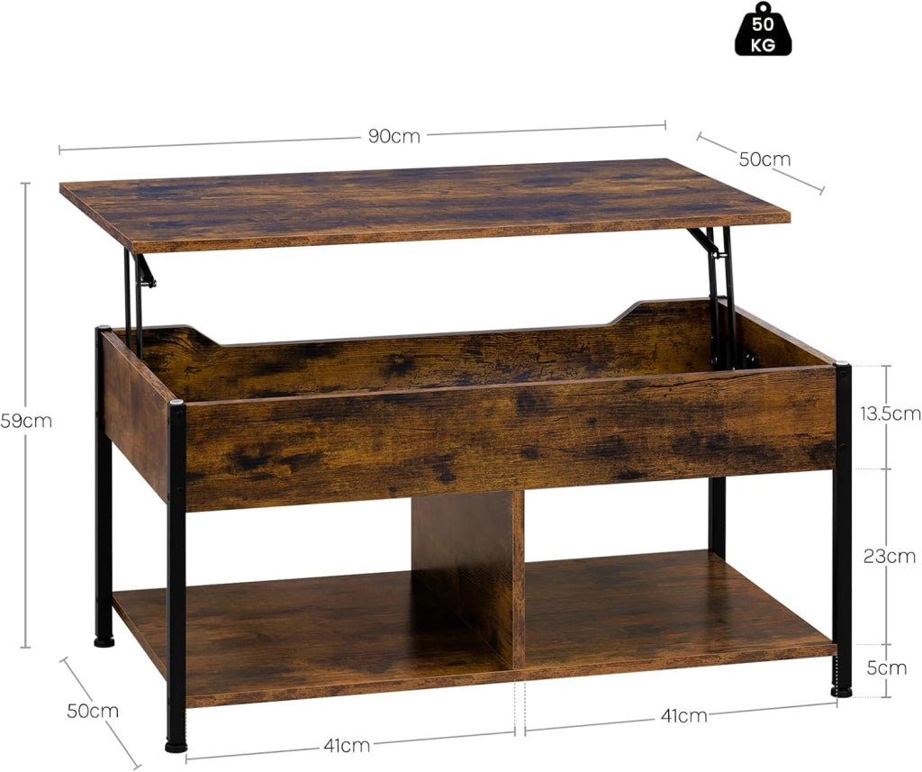 Tavolino da Caffè Sollevabile, Tavolino da Divano con Scomparto Nascosto e Aperto, Tavolino da Salotto Industriale, 90x50x(45-60) cm, Marrone Rustico, BTS15vbn