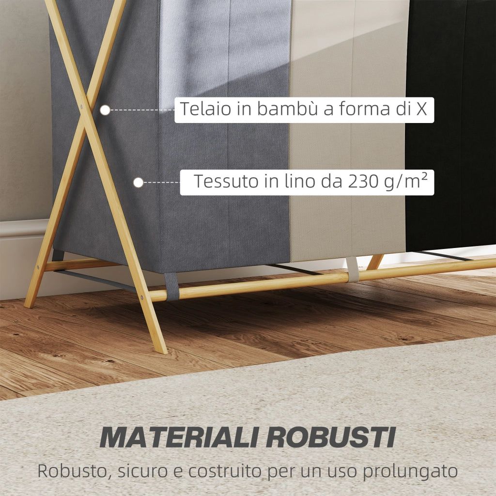 Cesto Portabiancheria Pieghevole a 3 Scomparti. in Bamb¨´ e Tessuto Effetto Lino. 75x48x67 cm. Multicolore