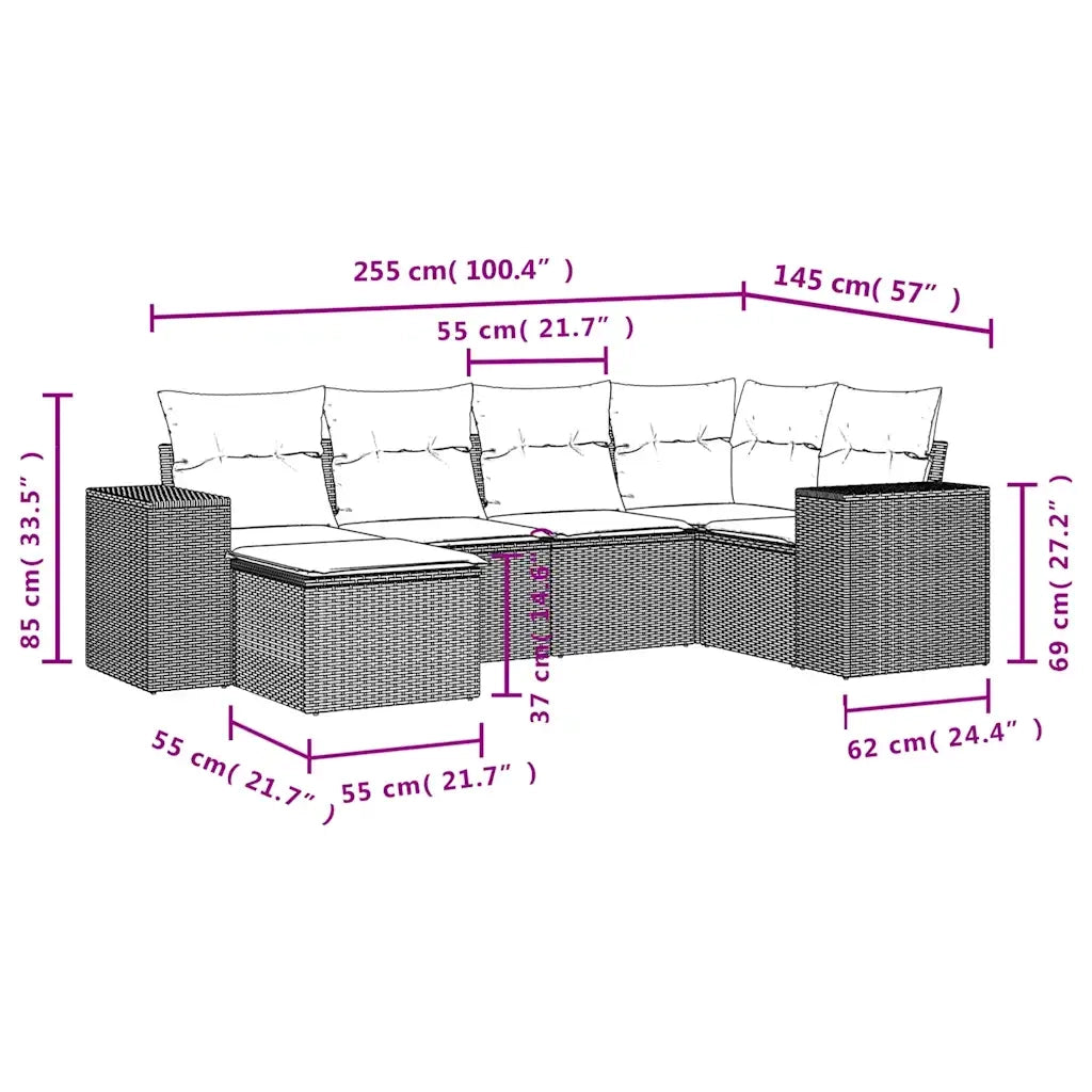 Set Divano da Giardino 6 pz con Cuscini Marrone in Polyrattan